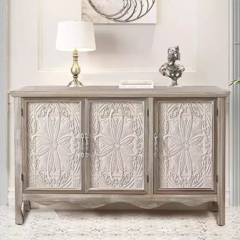 RoyalCraft Farmhouse Sideboard Buffet Cabinet Solid Wood Credenza, 3 Door Storage Console Table for Dining Room Kitchen Entryway, 49 Inch, Wash Gray
