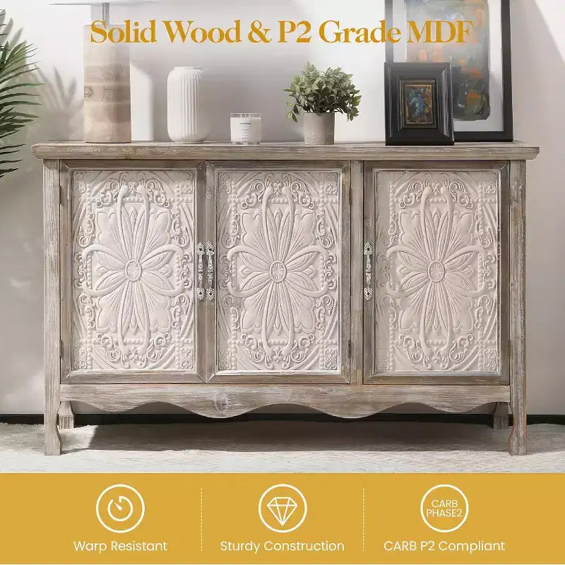 RoyalCraft Farmhouse Sideboard Buffet Cabinet Solid Wood Credenza, 3 Door Storage Console Table for Dining Room Kitchen Entryway, 49 Inch, Wash Gray