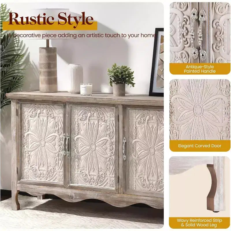 RoyalCraft Farmhouse Sideboard Buffet Cabinet Solid Wood Credenza, 3 Door Storage Console Table for Dining Room Kitchen Entryway, 49 Inch, Wash Gray