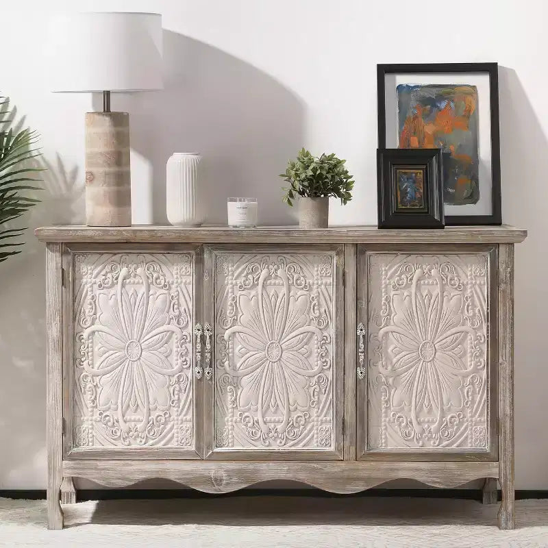 RoyalCraft Farmhouse Sideboard Buffet Cabinet Solid Wood Credenza, 3 Door Storage Console Table for Dining Room Kitchen Entryway, 49 Inch, Wash Gray