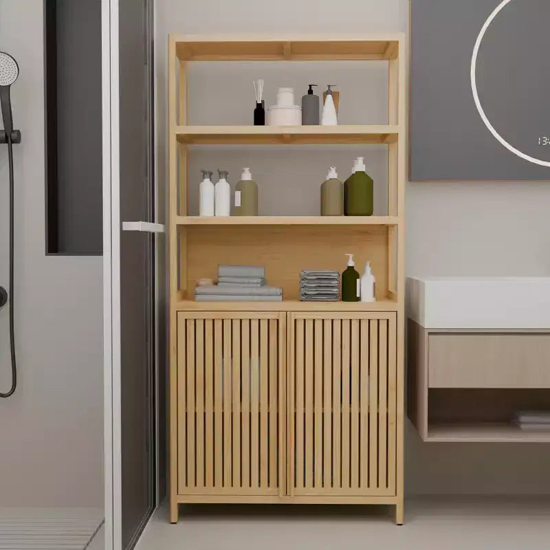 GDFStudio Theresa Modern 64.7 Bamboo Tall Storage Cabinet with 4 Shelves and 2 Doors