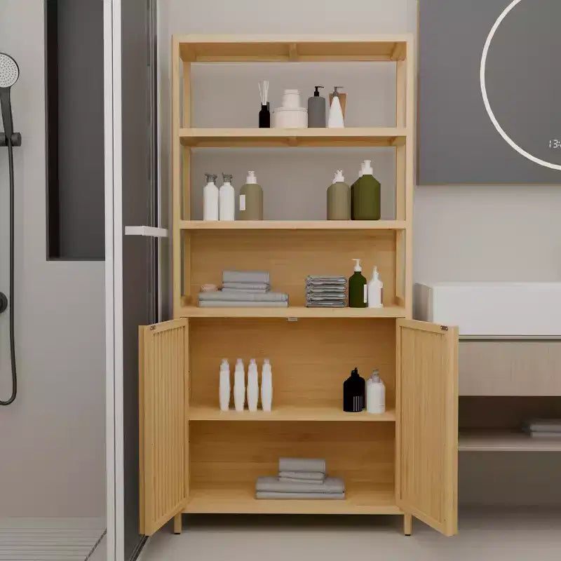 GDFStudio Theresa Modern 64.7 Bamboo Tall Storage Cabinet with 4 Shelves and 2 Doors