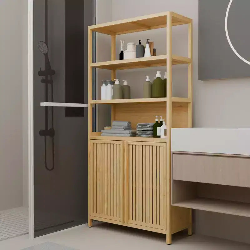 GDFStudio Theresa Modern 64.7 Bamboo Tall Storage Cabinet with 4 Shelves and 2 Doors
