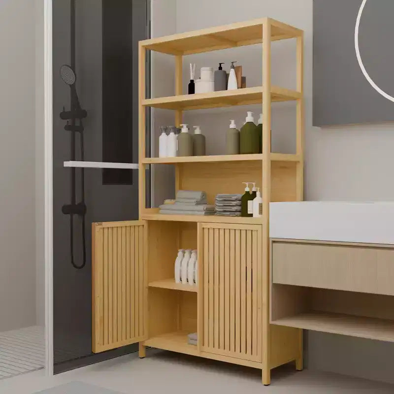 GDFStudio Theresa Modern 64.7 Bamboo Tall Storage Cabinet with 4 Shelves and 2 Doors