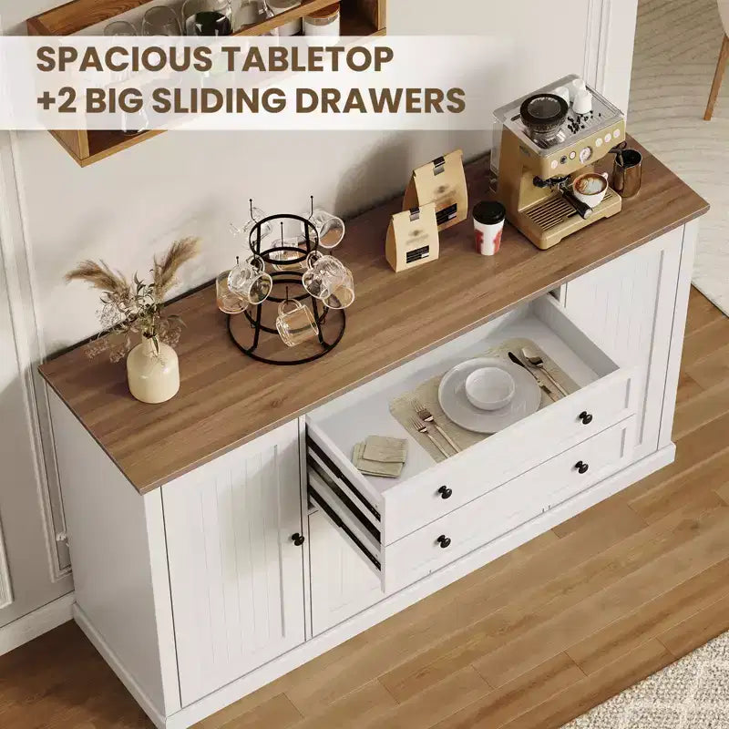 58 Inch Sideboard Buffet Cabinet - Large Wood Rustic Farmhouse Coffee Bar Cupboard with Storage Drawers for Dining Room Kitchen Living Room