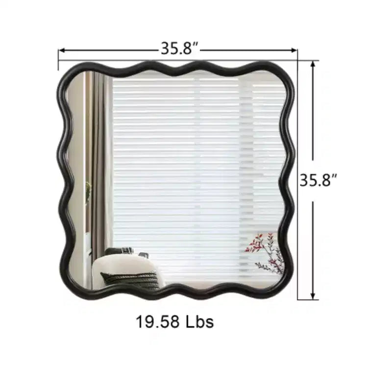 36 x 36Solid Wood Wavy Square Mirror-Black for Bathroom, Bedroom, Living Room, Dining Room, Cloakroom, Entryway