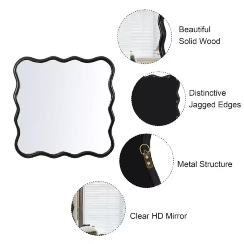 36 x 36Solid Wood Wavy Square Mirror-Black for Bathroom, Bedroom, Living Room, Dining Room, Cloakroom, Entryway