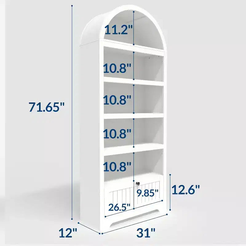 72 Arched Bookshelf with Storage Drawer, Modern 6-Tier Wood Display Cabinet, Open Shelves & Curved Door for Living Room & Kitchen