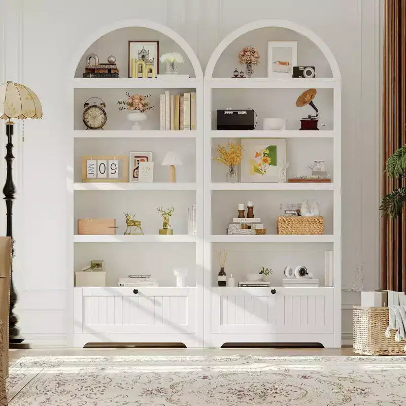 72 Arched Bookshelf with Storage Drawer, Modern 6-Tier Wood Display Cabinet, Open Shelves & Curved Door for Living Room & Kitchen