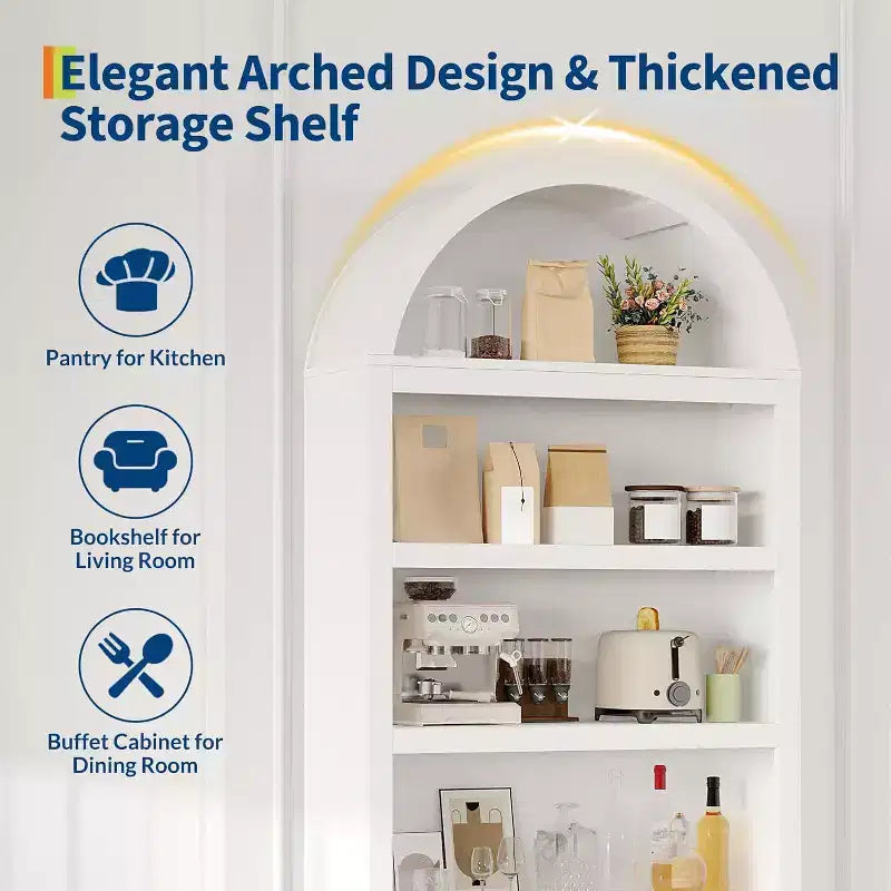 72 Arched Bookshelf with Storage Drawer, Modern 6-Tier Wood Display Cabinet, Open Shelves & Curved Door for Living Room & Kitchen