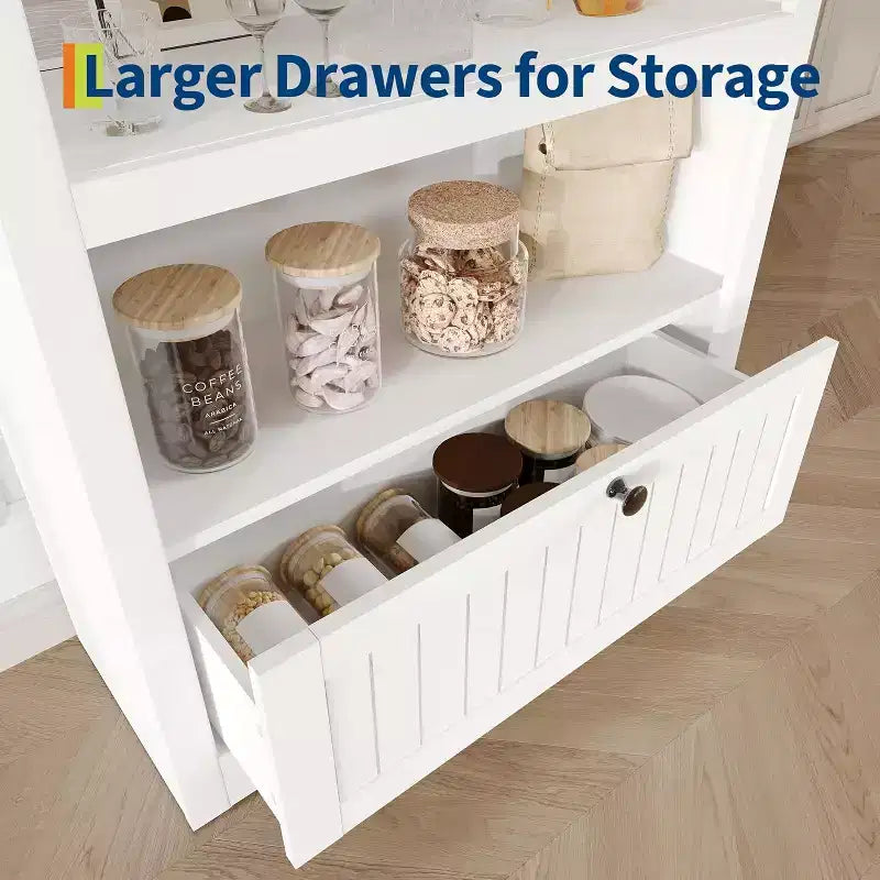 72 Arched Bookshelf with Storage Drawer, Modern 6-Tier Wood Display Cabinet, Open Shelves & Curved Door for Living Room & Kitchen