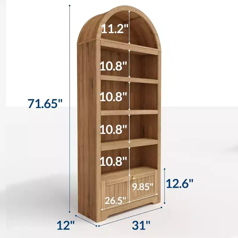 72 Arched Bookshelf with Storage Drawer, Modern 6-Tier Wood Display Cabinet, Open Shelves & Curved Door for Living Room & Kitchen