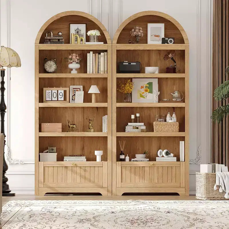 72 Arched Bookshelf with Storage Drawer, Modern 6-Tier Wood Display Cabinet, Open Shelves & Curved Door for Living Room & Kitchen