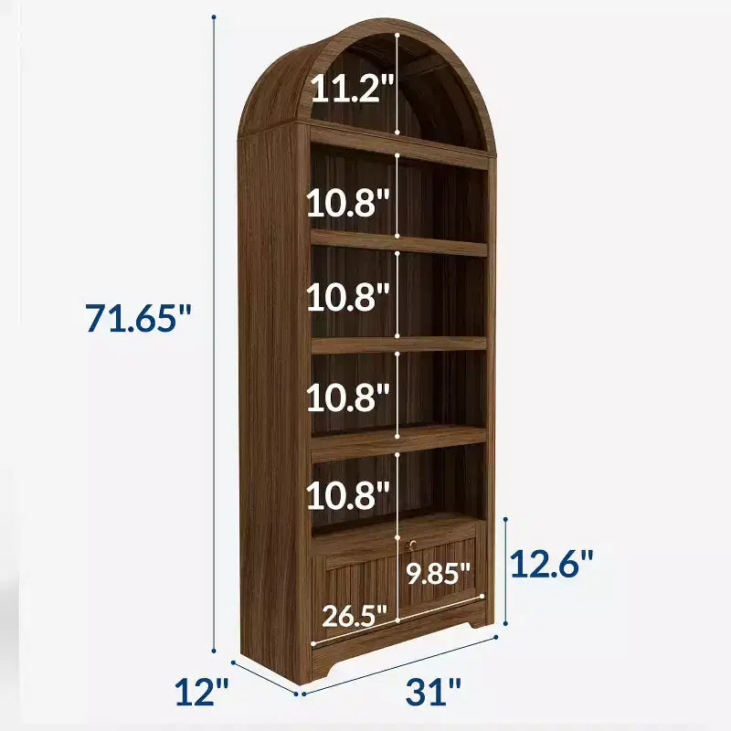 72 Arched Bookshelf with Storage Drawer, Modern 6-Tier Wood Display Cabinet, Open Shelves & Curved Door for Living Room & Kitchen