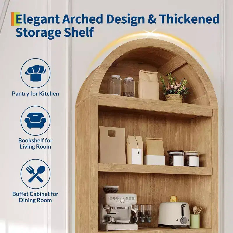 72 Arched Bookshelf with Storage Drawer, Modern 6-Tier Wood Display Cabinet, Open Shelves & Curved Door for Living Room & Kitchen