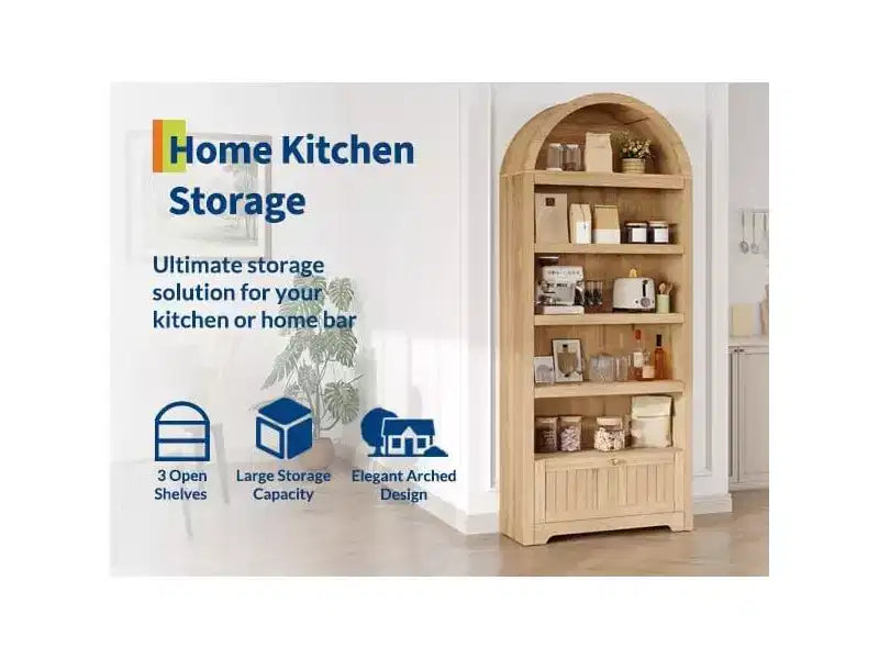 72 Arched Bookshelf with Storage Drawer, Modern 6-Tier Wood Display Cabinet, Open Shelves & Curved Door for Living Room & Kitchen