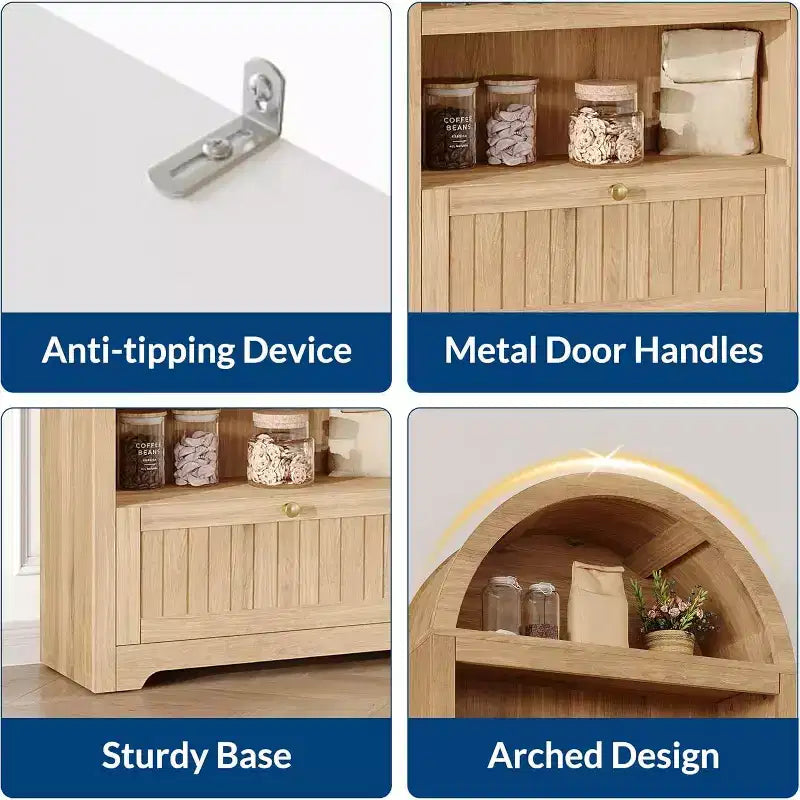 72 Arched Bookshelf with Storage Drawer, Modern 6-Tier Wood Display Cabinet, Open Shelves & Curved Door for Living Room & Kitchen