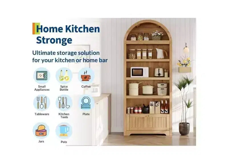 72 Arched Bookshelf with Storage Drawer, Modern 6-Tier Wood Display Cabinet, Open Shelves & Curved Door for Living Room & Kitchen
