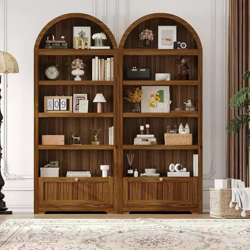 72 Arched Bookshelf with Storage Drawer, Modern 6-Tier Wood Display Cabinet, Open Shelves & Curved Door for Living Room & Kitchen