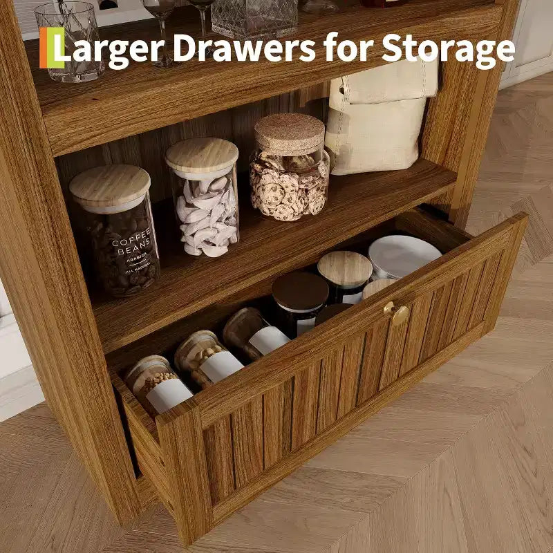 72 Arched Bookshelf with Storage Drawer, Modern 6-Tier Wood Display Cabinet, Open Shelves & Curved Door for Living Room & Kitchen