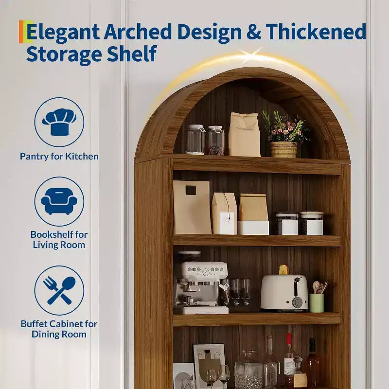 72 Arched Bookshelf with Storage Drawer, Modern 6-Tier Wood Display Cabinet, Open Shelves & Curved Door for Living Room & Kitchen