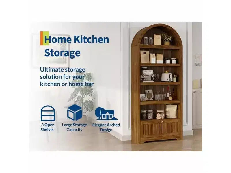 72 Arched Bookshelf with Storage Drawer, Modern 6-Tier Wood Display Cabinet, Open Shelves & Curved Door for Living Room & Kitchen