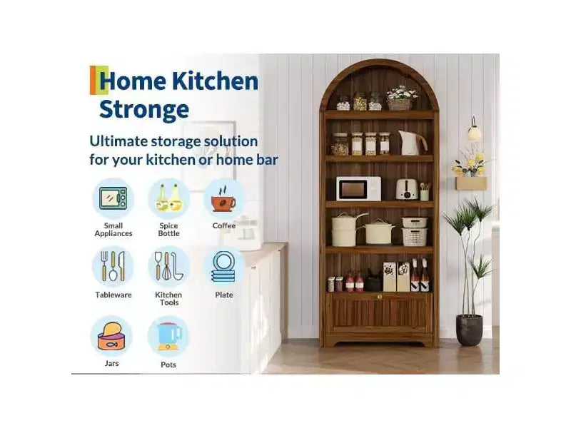 72 Arched Bookshelf with Storage Drawer, Modern 6-Tier Wood Display Cabinet, Open Shelves & Curved Door for Living Room & Kitchen
