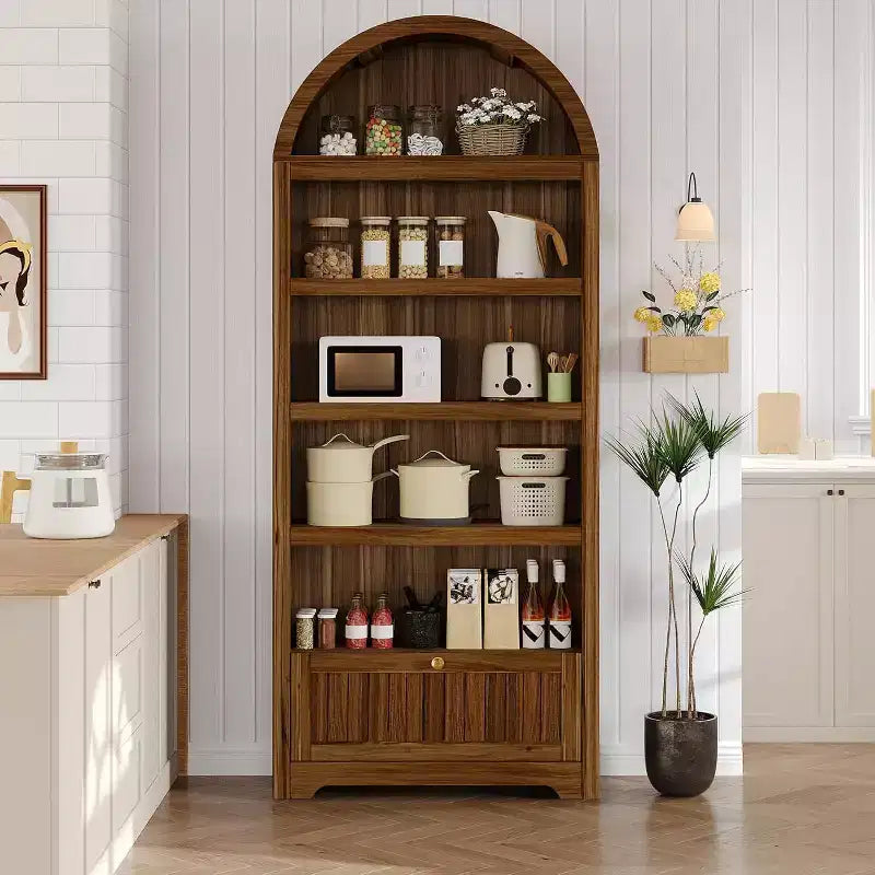 72 Arched Bookshelf with Storage Drawer, Modern 6-Tier Wood Display Cabinet, Open Shelves & Curved Door for Living Room & Kitchen