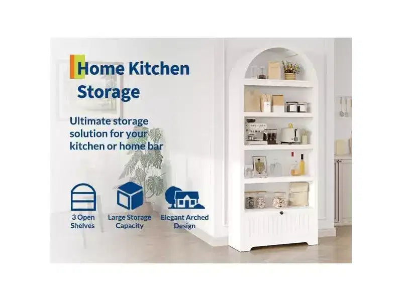 72 Arched Bookshelf with Storage Drawer, Modern 6-Tier Wood Display Cabinet, Open Shelves & Curved Door for Living Room & Kitchen