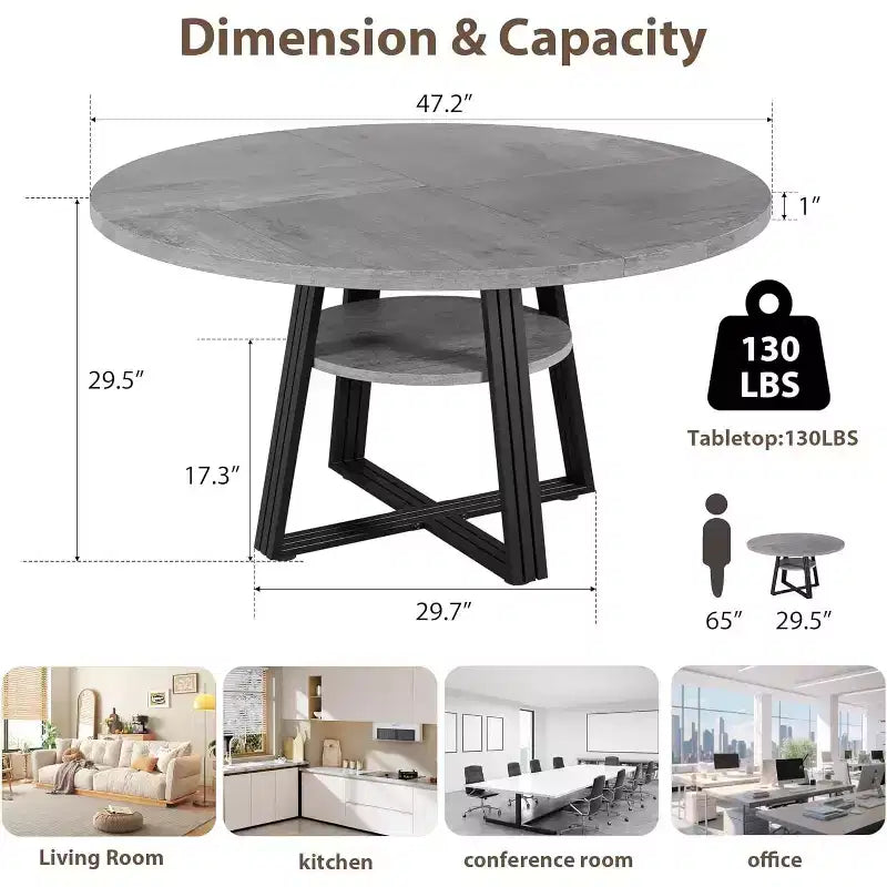 47-in Round Dining Table for 4-6 with Storage Shelf, Wood Top & Metal Cross Base, Space-Saving Kitchen & Dining Room Table