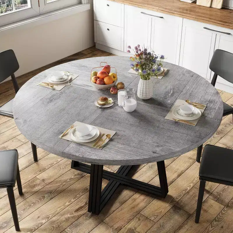 47-in Round Dining Table for 4-6 with Storage Shelf, Wood Top & Metal Cross Base, Space-Saving Kitchen & Dining Room Table