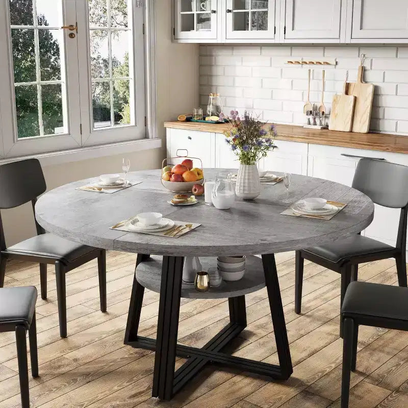 47-in Round Dining Table for 4-6 with Storage Shelf, Wood Top & Metal Cross Base, Space-Saving Kitchen & Dining Room Table