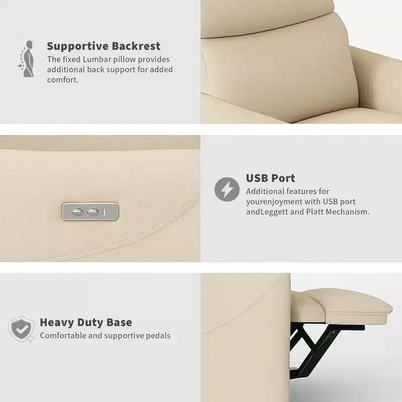 Power Swivel Glider Recliner Chair, Linen, Electric Rocker with USB Port, Lumbar Support, for Living Room, Bedroom, Nursery