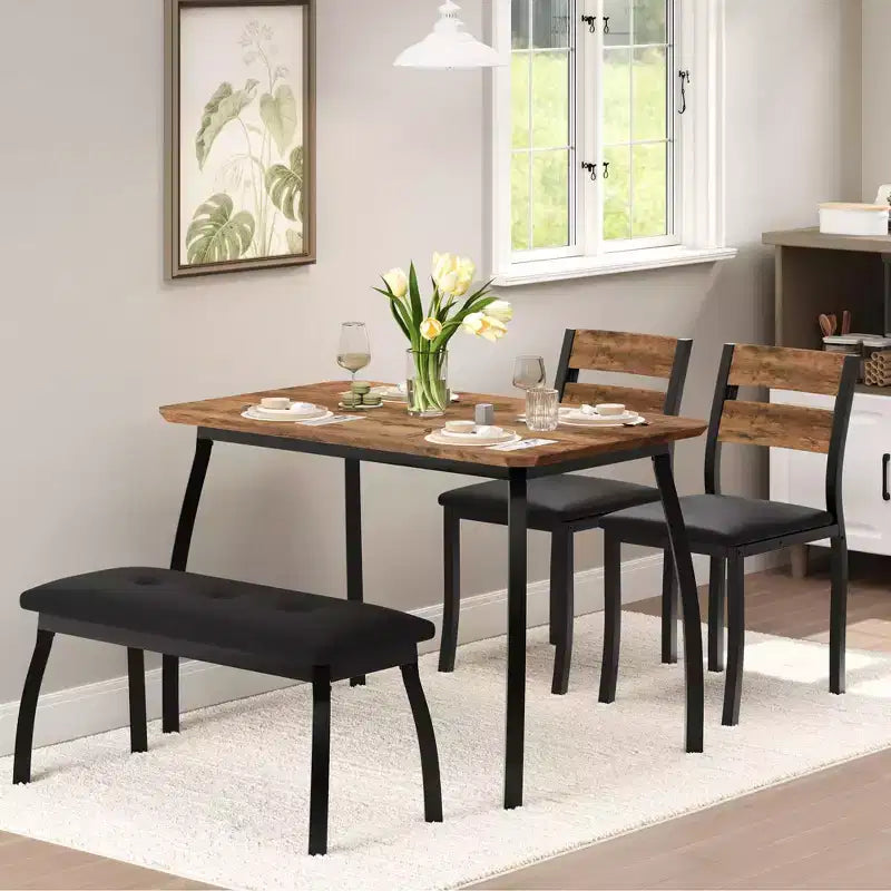 Table Set for 4, Kitchen Table with Upholstered Bench and 2 Chairs, 4 Piece Dining Furniture Set for Small Space, Apartment