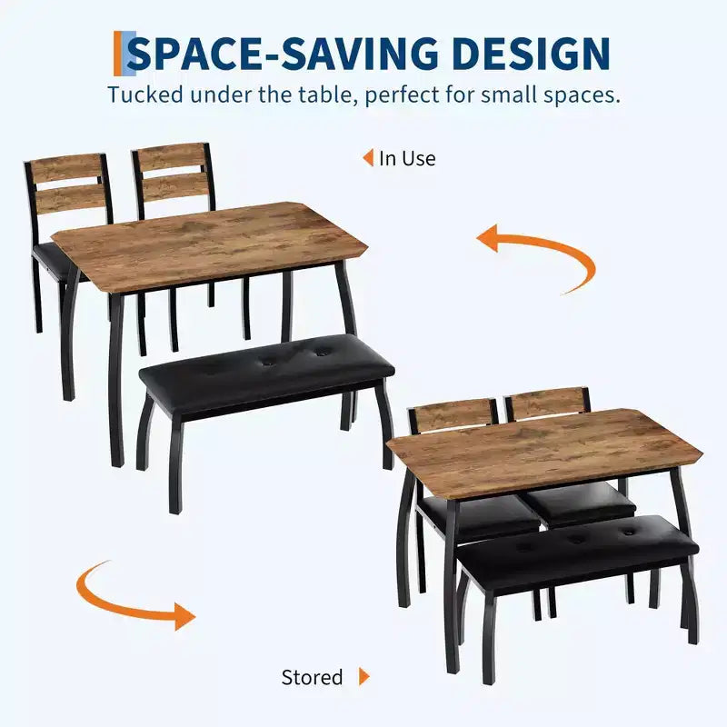 Table Set for 4, Kitchen Table with Upholstered Bench and 2 Chairs, 4 Piece Dining Furniture Set for Small Space, Apartment