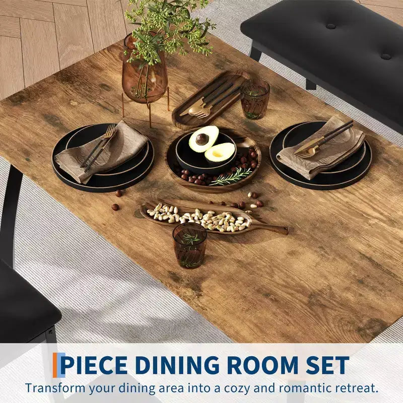 Table Set for 4, Kitchen Table with Upholstered Bench and 2 Chairs, 4 Piece Dining Furniture Set for Small Space, Apartment
