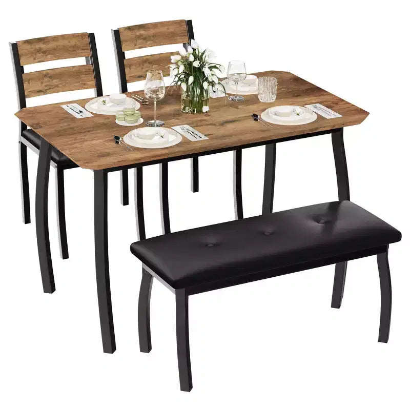 Table Set for 4, Kitchen Table with Upholstered Bench and 2 Chairs, 4 Piece Dining Furniture Set for Small Space, Apartment