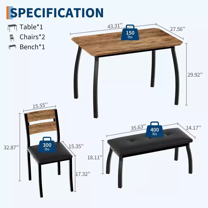 Table Set for 4, Kitchen Table with Upholstered Bench and 2 Chairs, 4 Piece Dining Furniture Set for Small Space, Apartment