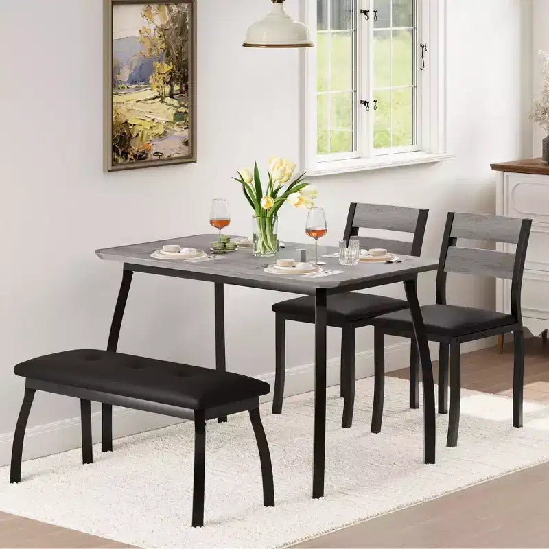 Table Set for 4, Kitchen Table with Upholstered Bench and 2 Chairs, 4 Piece Dining Furniture Set for Small Space, Apartment