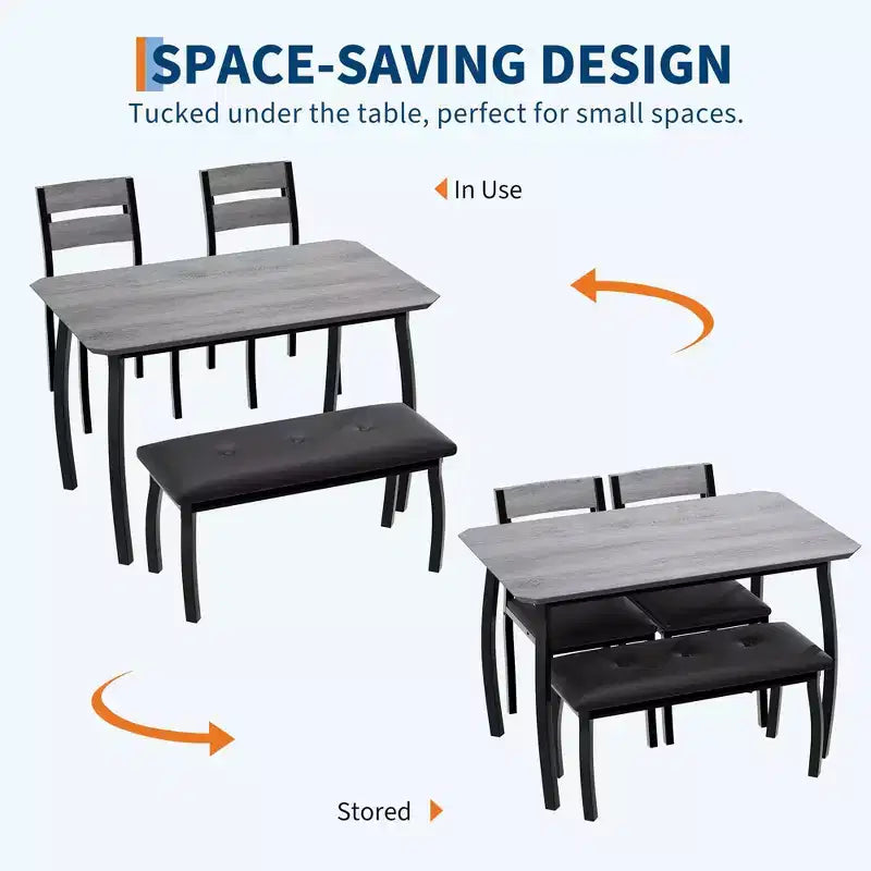 Table Set for 4, Kitchen Table with Upholstered Bench and 2 Chairs, 4 Piece Dining Furniture Set for Small Space, Apartment