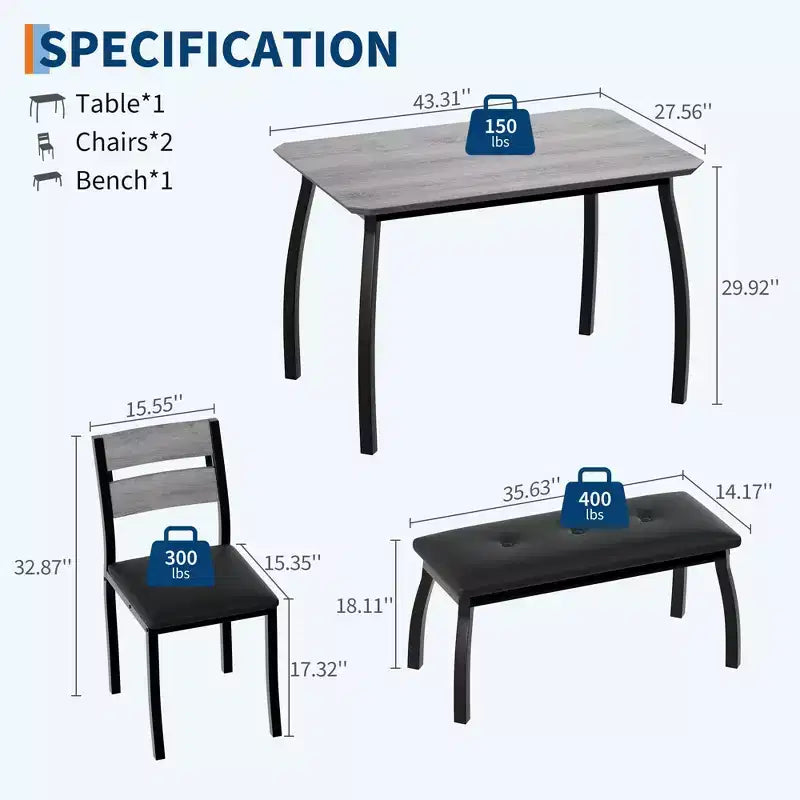 Table Set for 4, Kitchen Table with Upholstered Bench and 2 Chairs, 4 Piece Dining Furniture Set for Small Space, Apartment