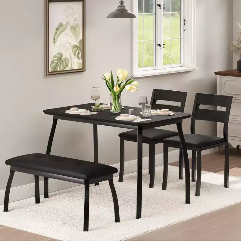 Table Set for 4, Kitchen Table with Upholstered Bench and 2 Chairs, 4 Piece Dining Furniture Set for Small Space, Apartment