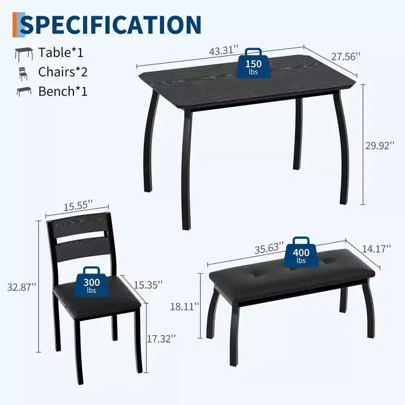 Table Set for 4, Kitchen Table with Upholstered Bench and 2 Chairs, 4 Piece Dining Furniture Set for Small Space, Apartment
