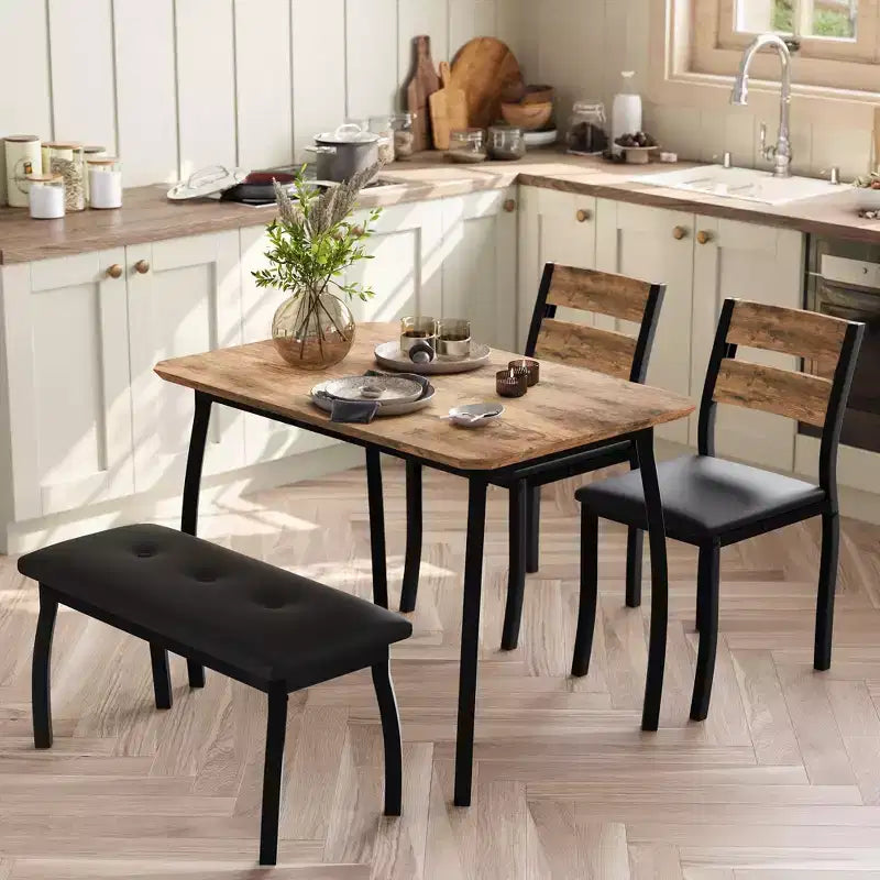 Table Set for 4, Kitchen Table with Upholstered Bench and 2 Chairs, 4 Piece Dining Furniture Set for Small Space, Apartment