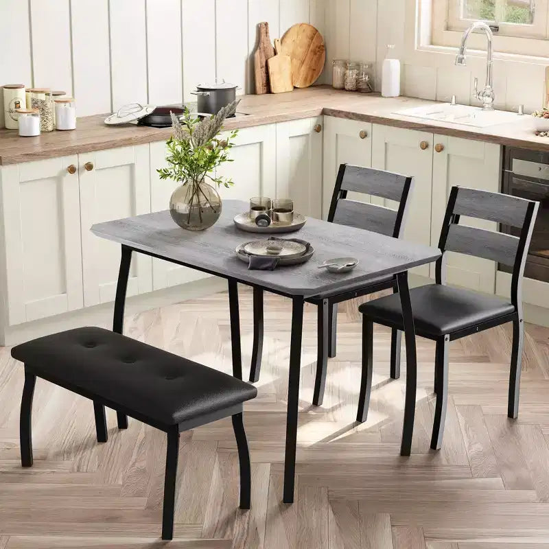 Table Set for 4, Kitchen Table with Upholstered Bench and 2 Chairs, 4 Piece Dining Furniture Set for Small Space, Apartment