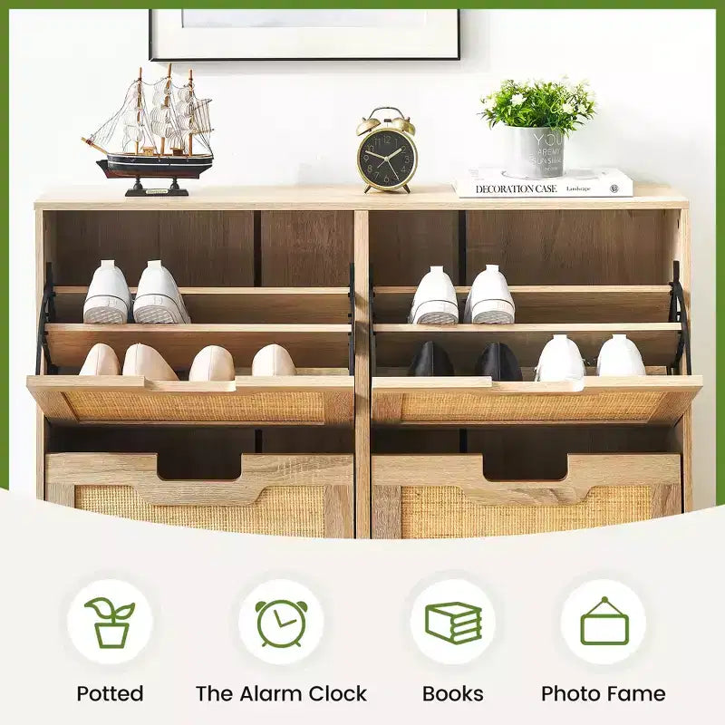 Shoe Cabinet, Natural Rattan Narrow Shoe Storage Organizer Cabinet With 4 Flip Drawers, Freestanding Shoe Rack With Metal Legs for Entryway