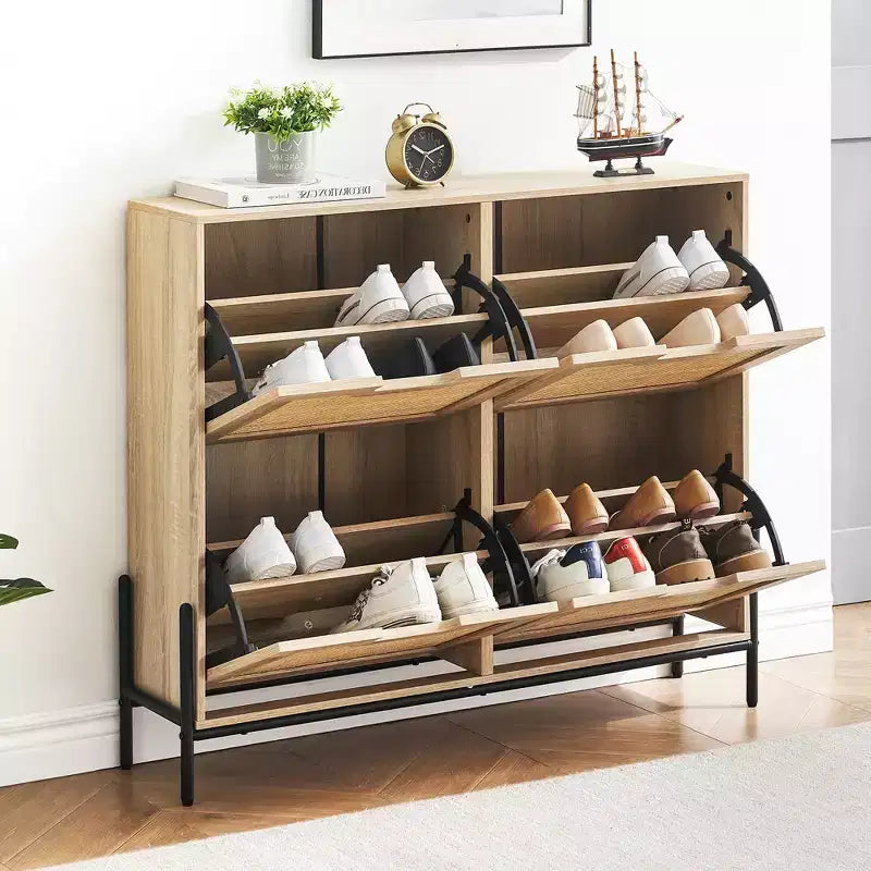 Shoe Cabinet, Natural Rattan Narrow Shoe Storage Organizer Cabinet With 4 Flip Drawers, Freestanding Shoe Rack With Metal Legs for Entryway