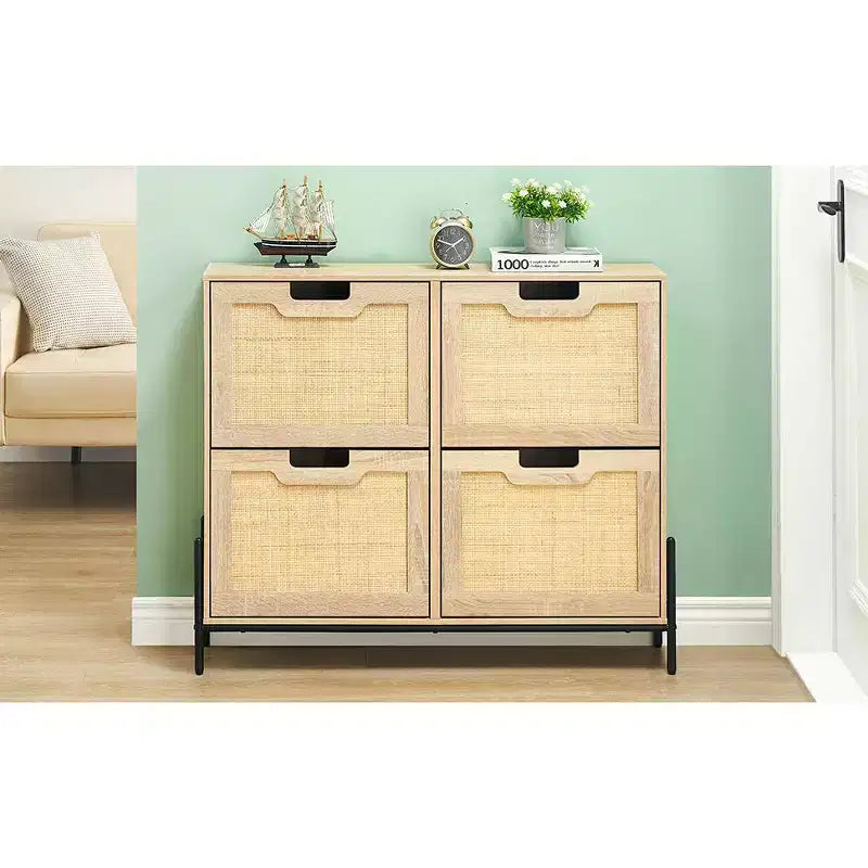 Shoe Cabinet, Natural Rattan Narrow Shoe Storage Organizer Cabinet With 4 Flip Drawers, Freestanding Shoe Rack With Metal Legs for Entryway