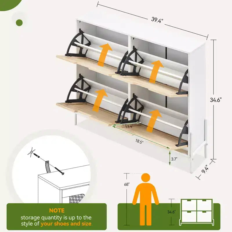 Shoe Cabinet, Natural Rattan Narrow Shoe Storage Organizer Cabinet With 4 Flip Drawers, Freestanding Shoe Rack With Metal Legs for Entryway