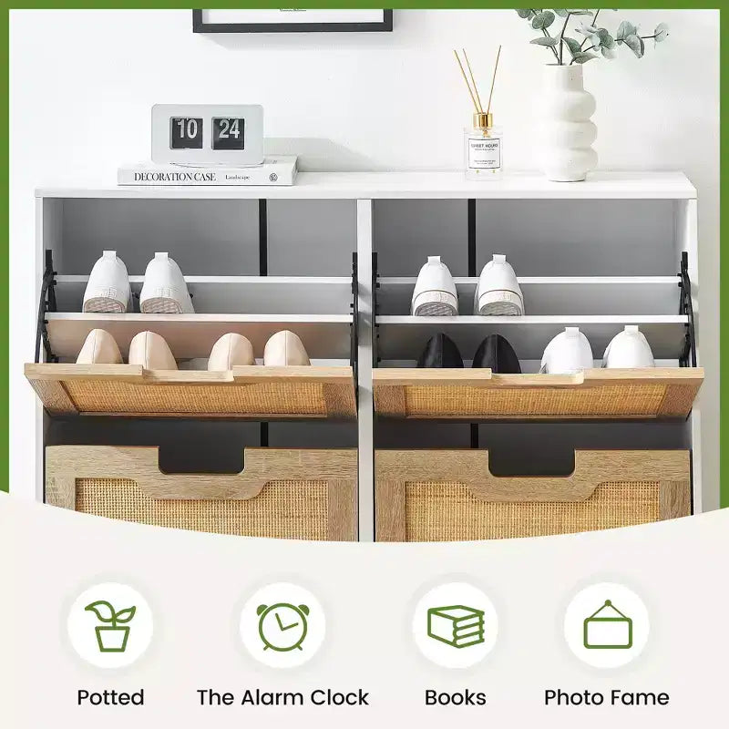 Shoe Cabinet, Natural Rattan Narrow Shoe Storage Organizer Cabinet With 4 Flip Drawers, Freestanding Shoe Rack With Metal Legs for Entryway